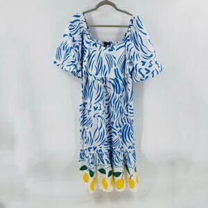 Primark Blue White Lemon Print Puff Sleeve‎ Midi Dress Size 10 Resort Summer